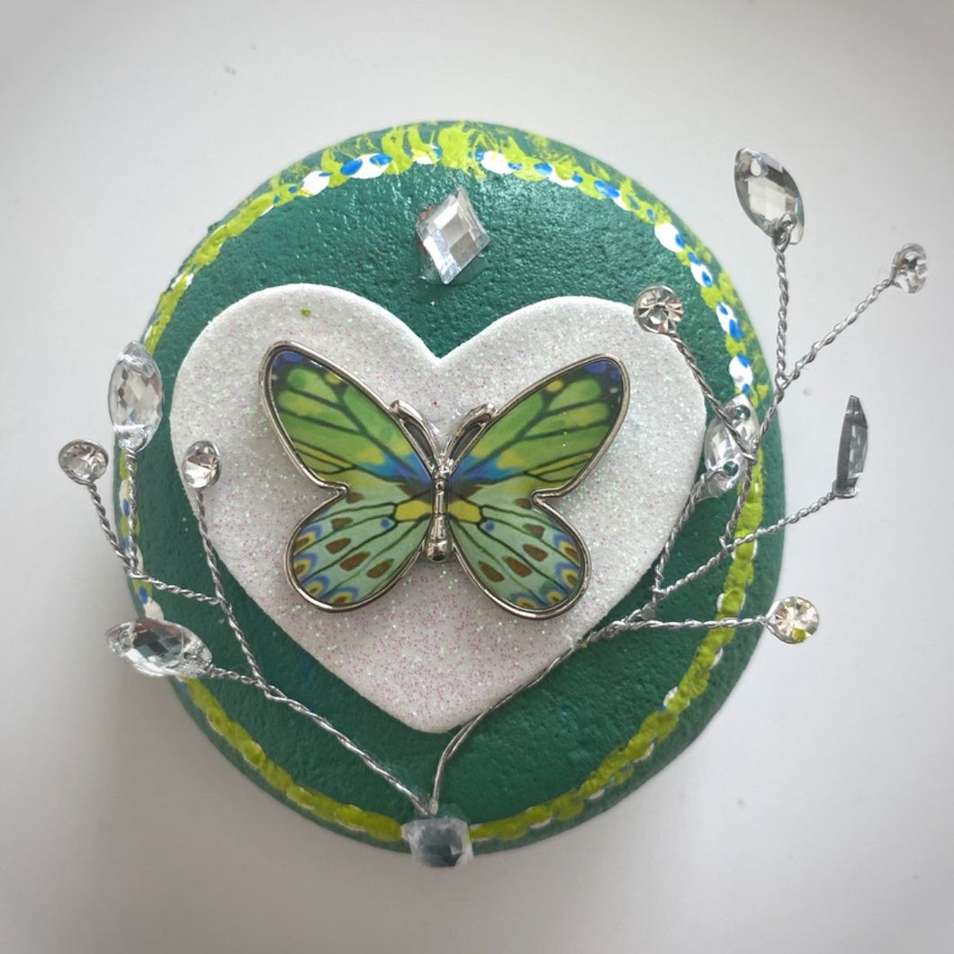 Green Butterfly on White Heart